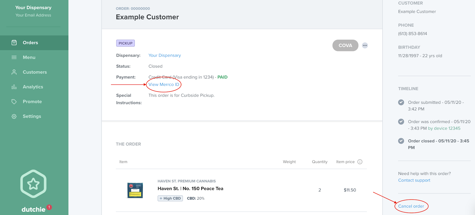Cova Dutchie How to cancel an order with COVA and payment