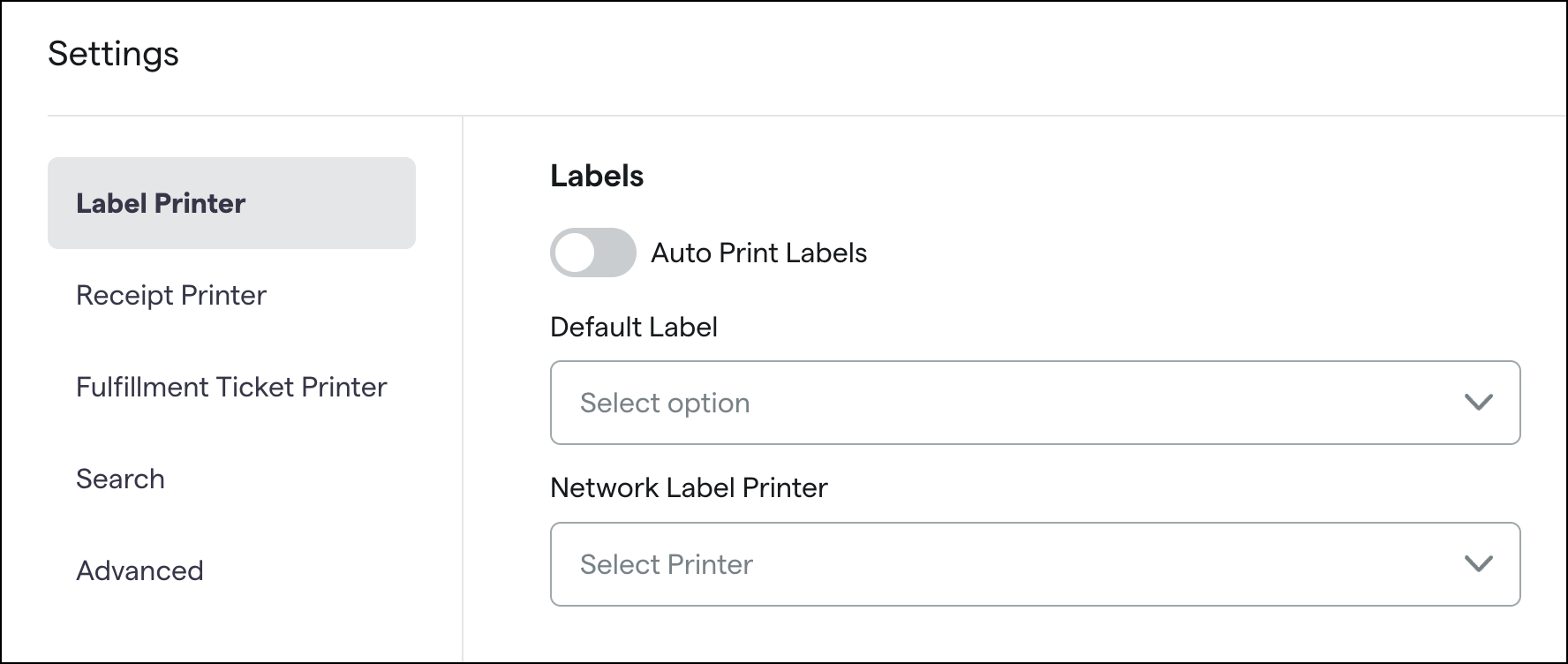 Choose default label, receipt, and fulfillment printers at the register
