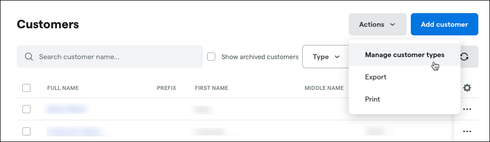 View of customers modual with manage customer types dropdown