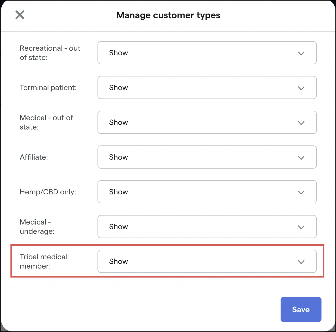 Manage customer types, tribal mediccal member indicator screenshot