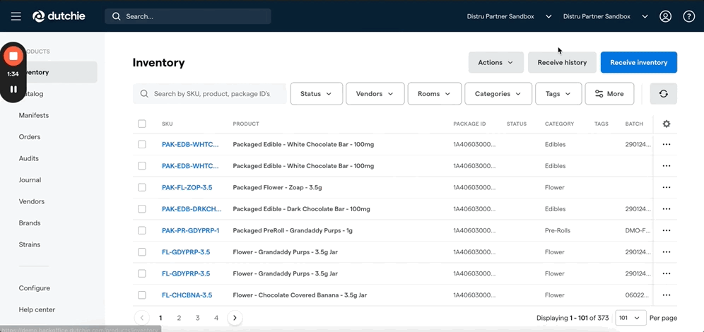 Gif of receiving detail modal Dutchie POS