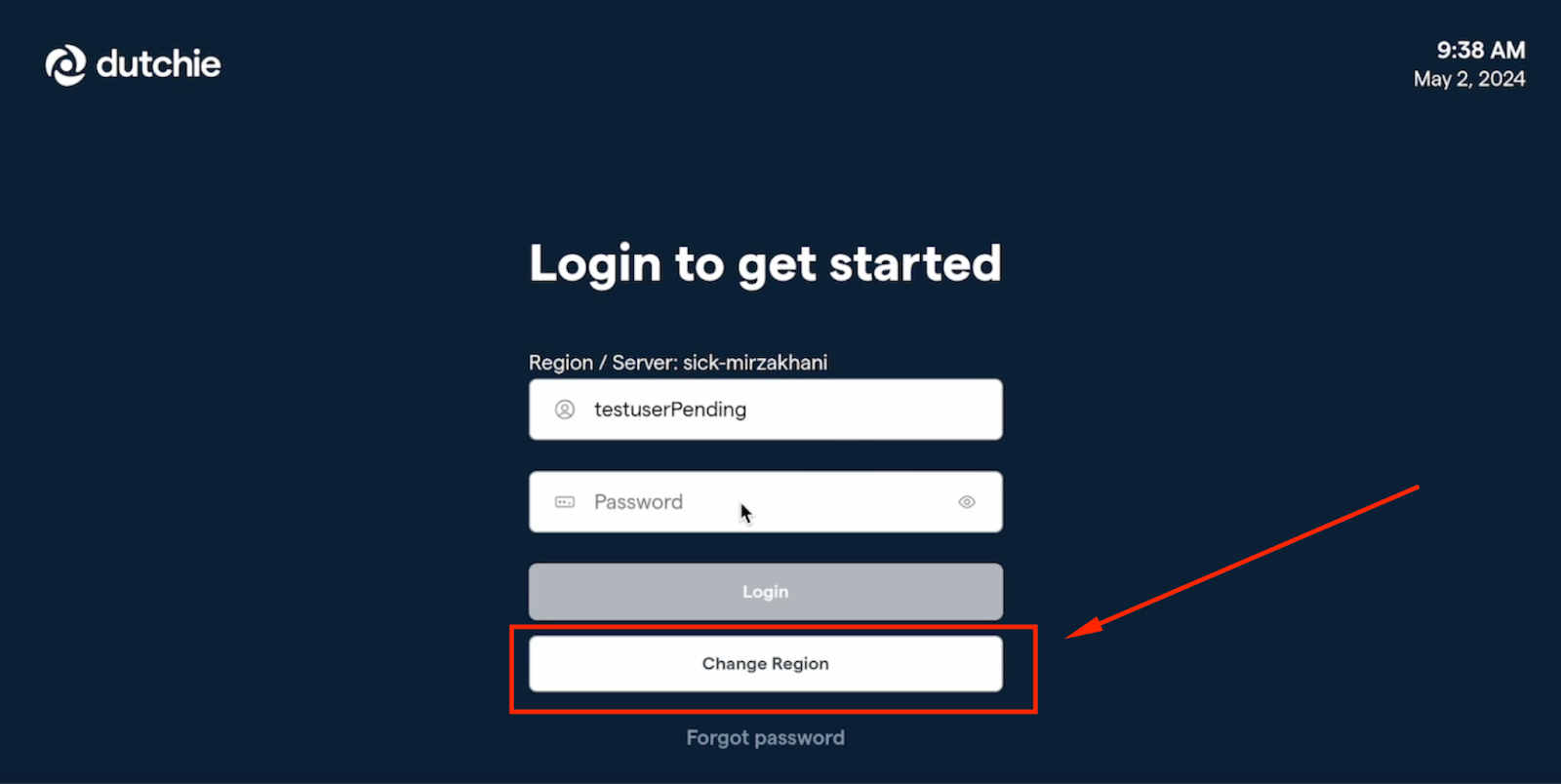Login screen with change region option.