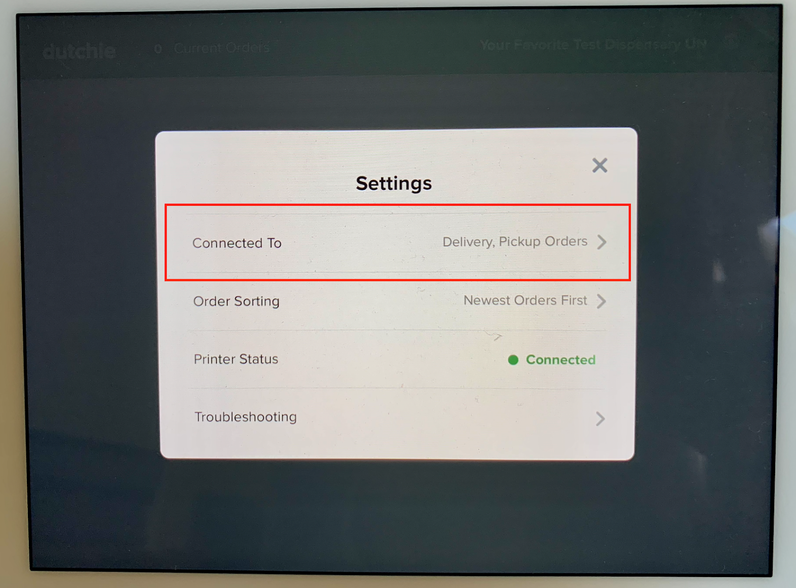 Settings menu with connection options.