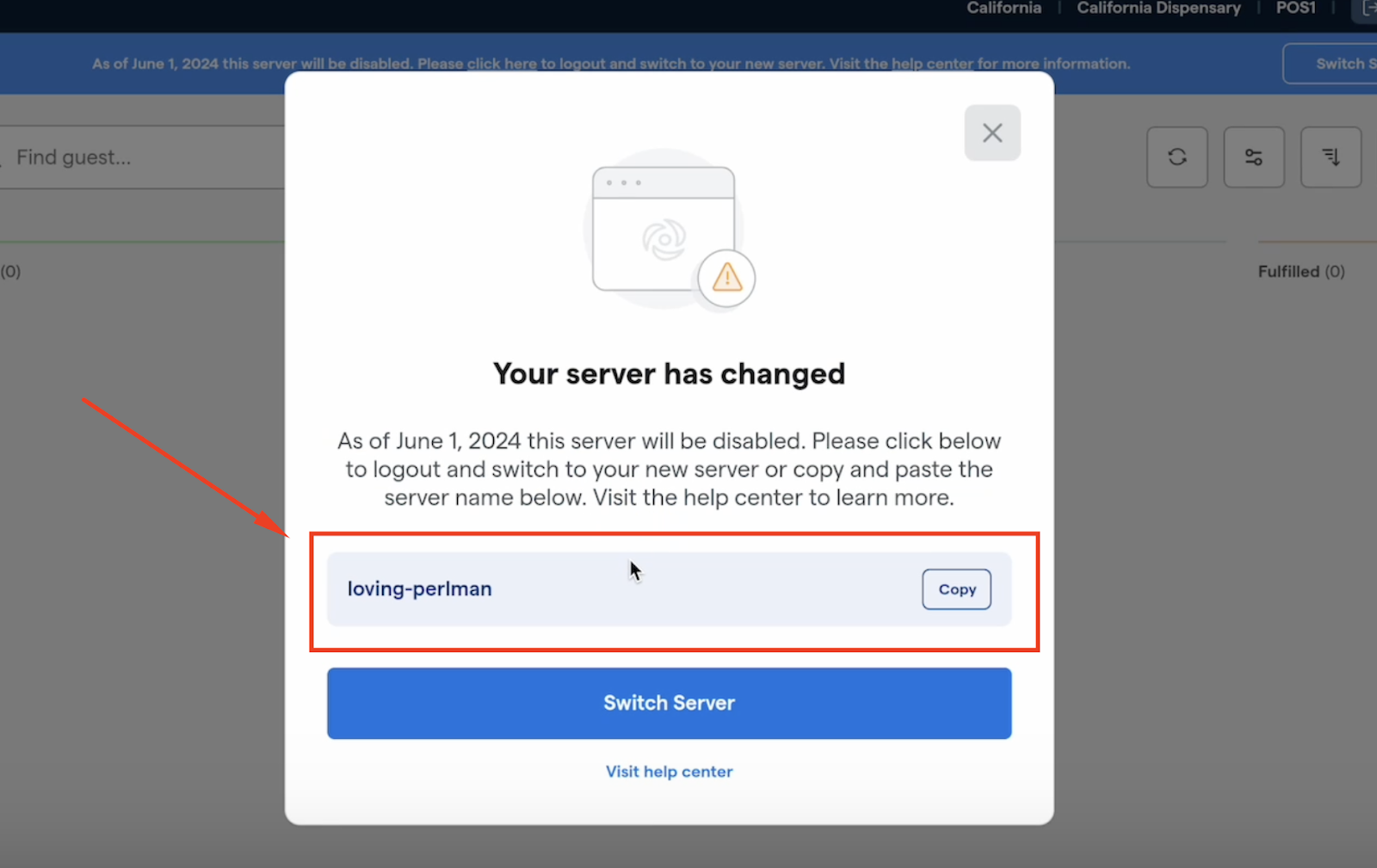 Server change notification with server name.