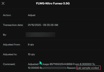Transaction adjustment details with comments.