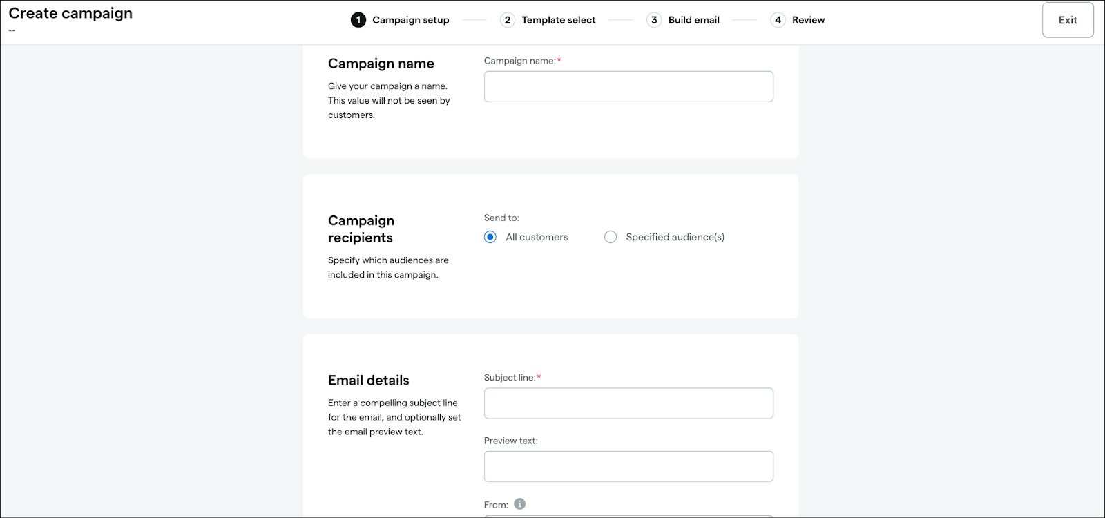 Campaign setup interface with form fields.