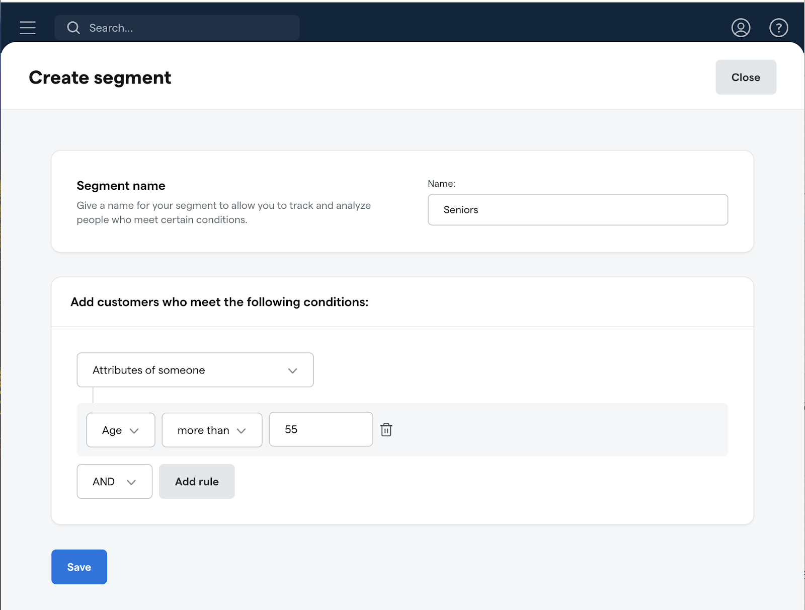 Create segment interface for customer analysis.