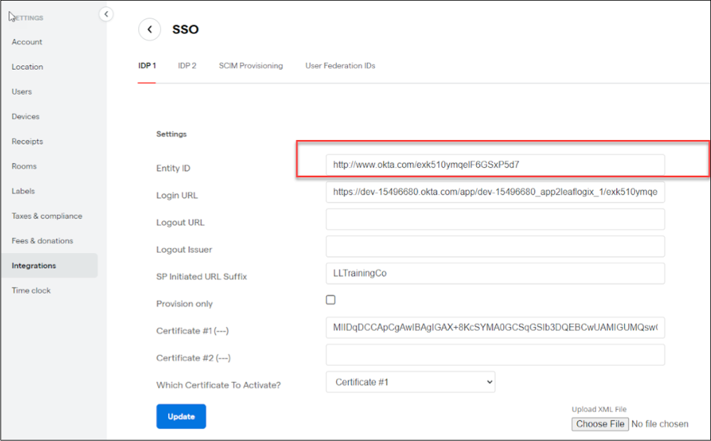 Image of SSO Entity ID entry Dutchie POS