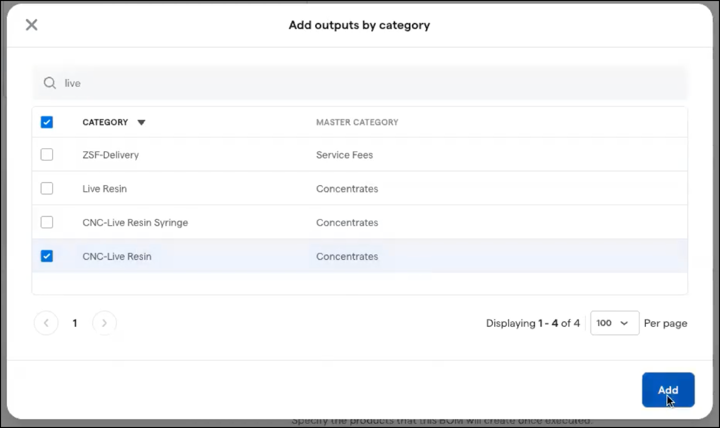 Checkbox selection interface for product categories.