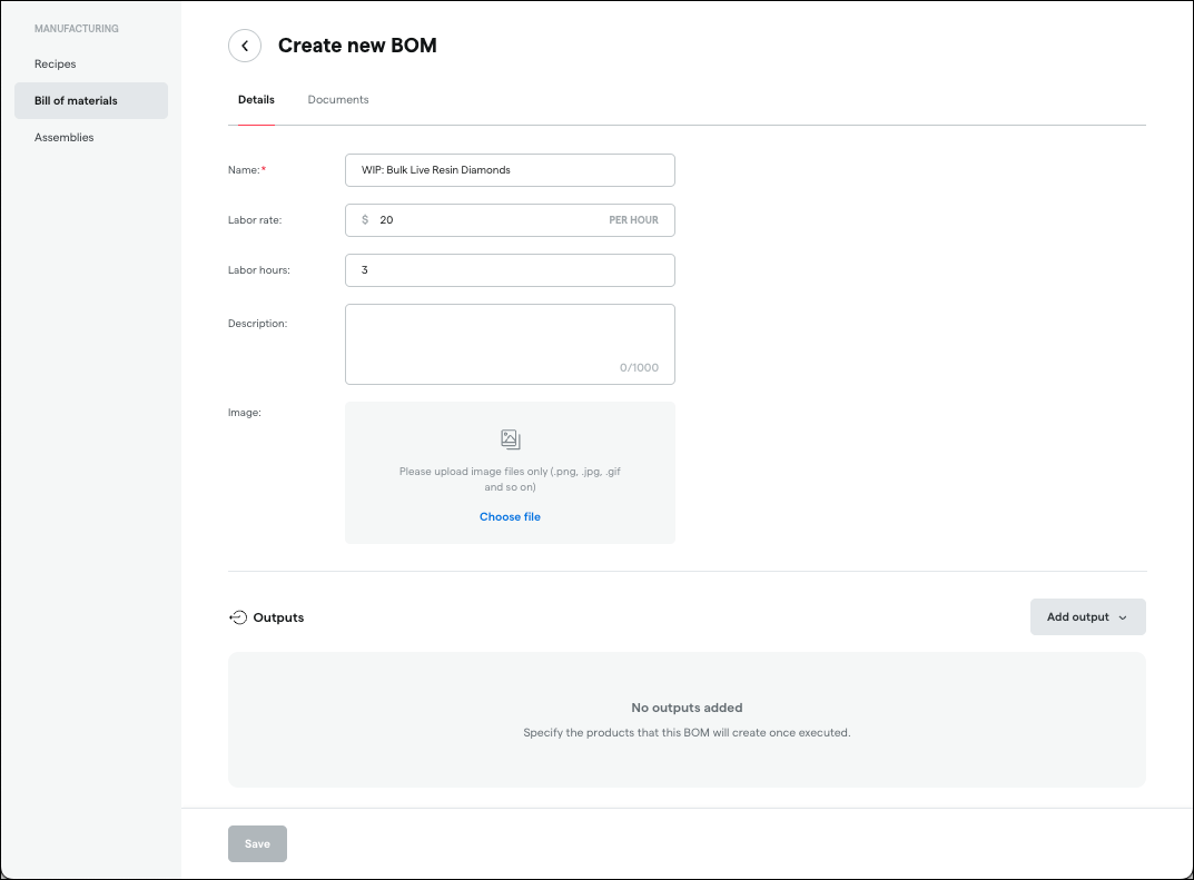 Create new BOM form interface.