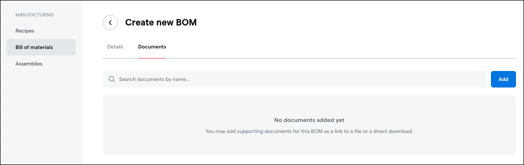 Create new BOM interface with no documents added.