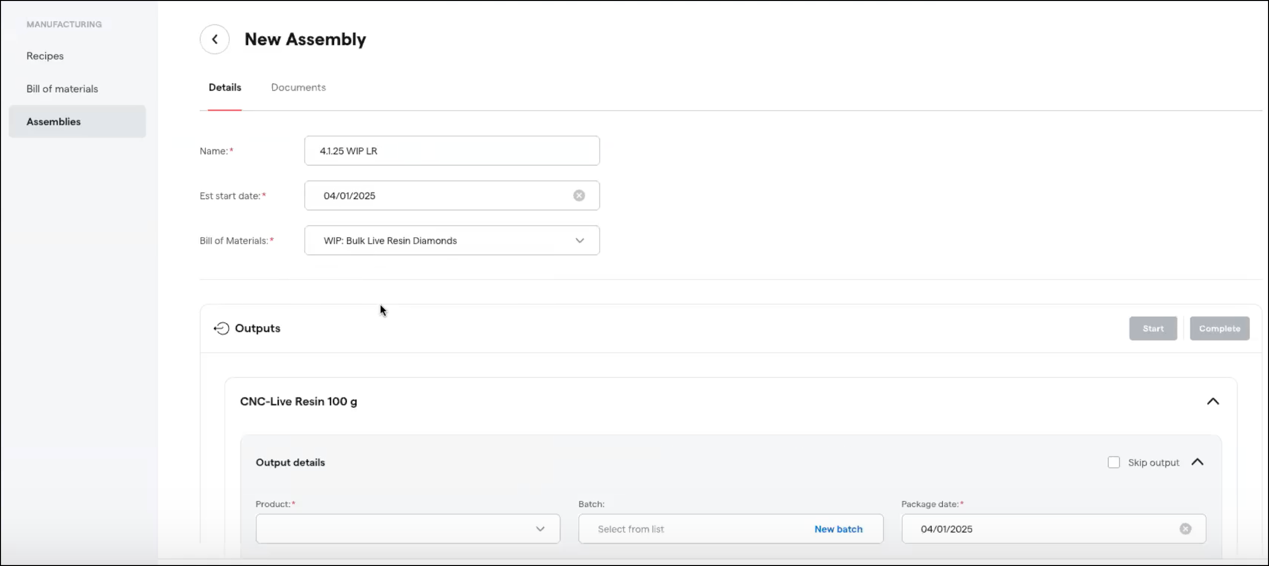 New assembly form with details and outputs section.