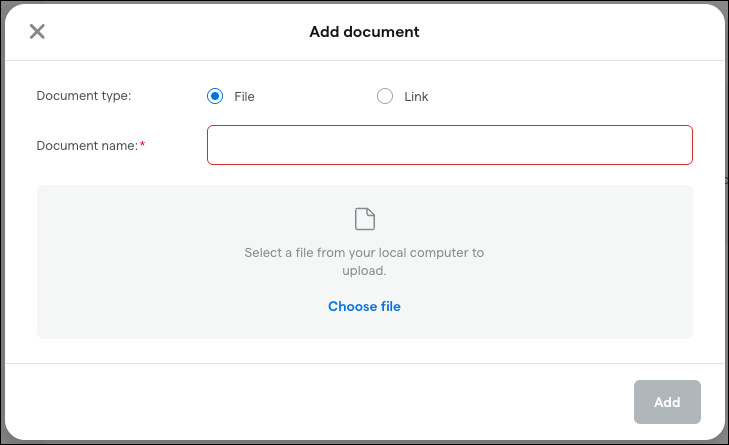 Add document interface with file upload option.