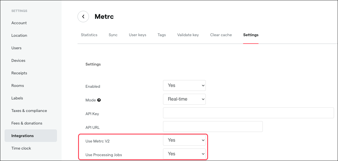 Settings page for Metrc integration options.