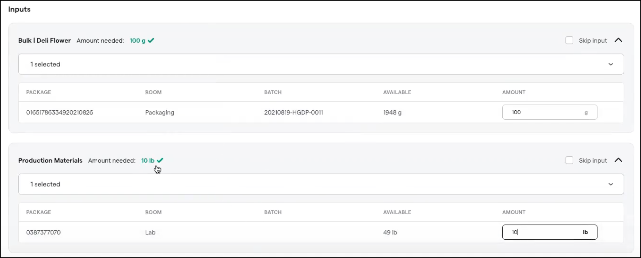 Inputs for bulk and production materials.