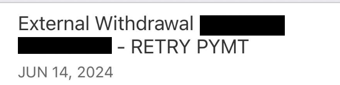 External withdrawal payment notification.