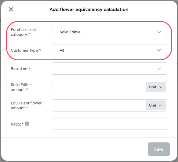 bo_settings_taxes and compliance_add flower equivalency calculation modal purchase limit category customer type.png