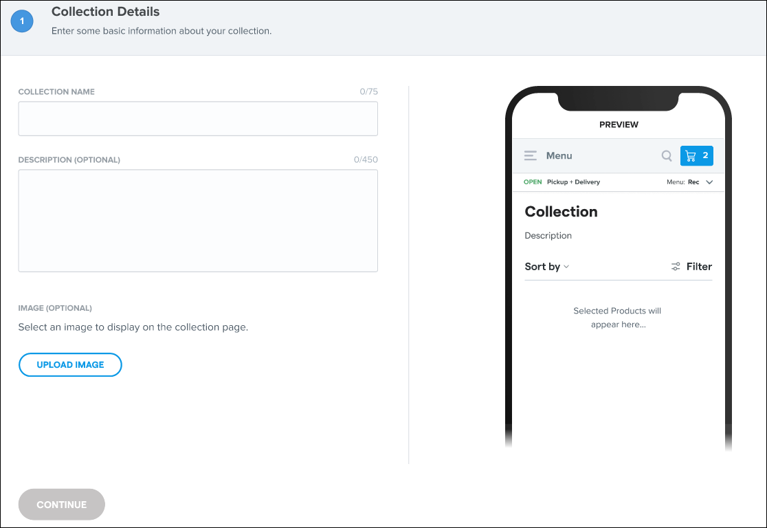 Collection details form with mobile preview.