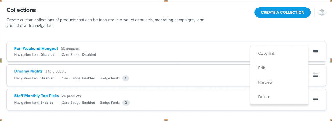 Collections of products with navigation options.