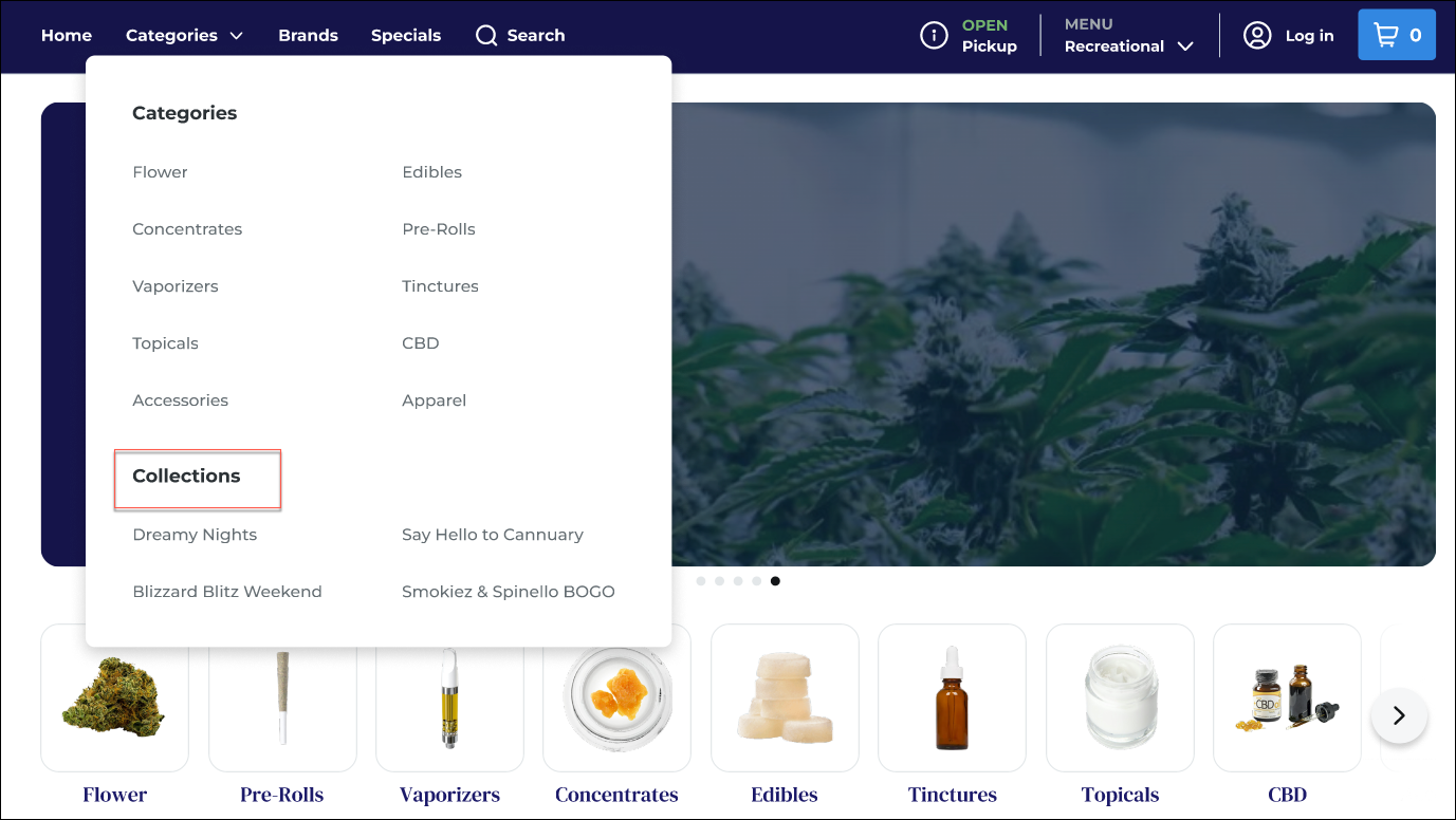 Menu options for cannabis products with plants in background.