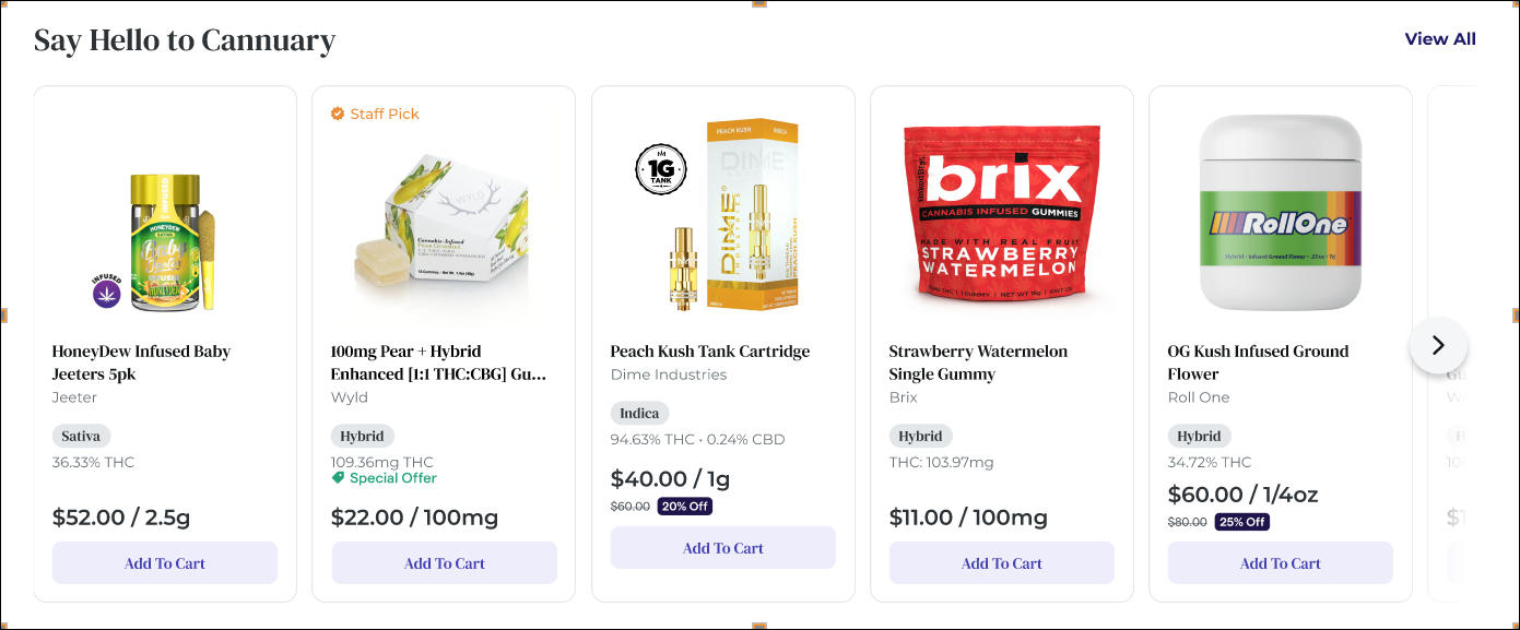 Cannabis product listings with prices and details.