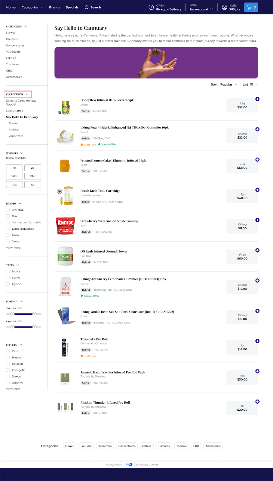 Cannabis product menu with various items listed.