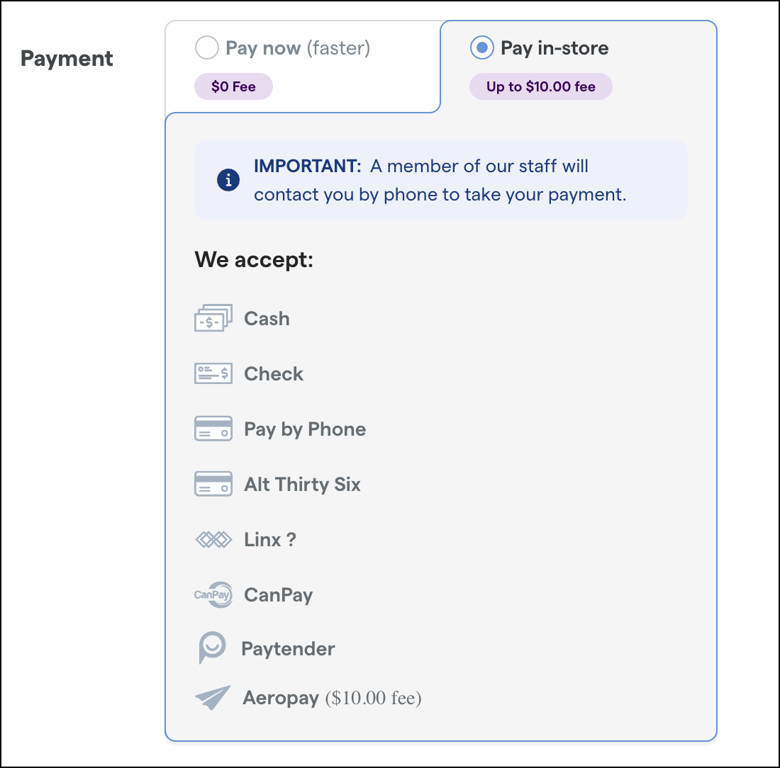 Payment options and fees listed.