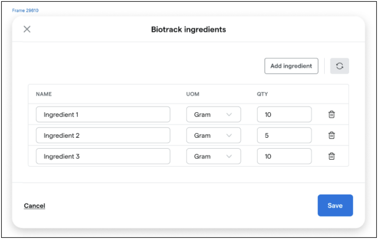 Ingredient list for biotrack with quantities.