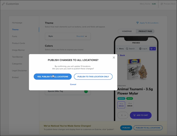 Popup asking to publish changes to all locations.