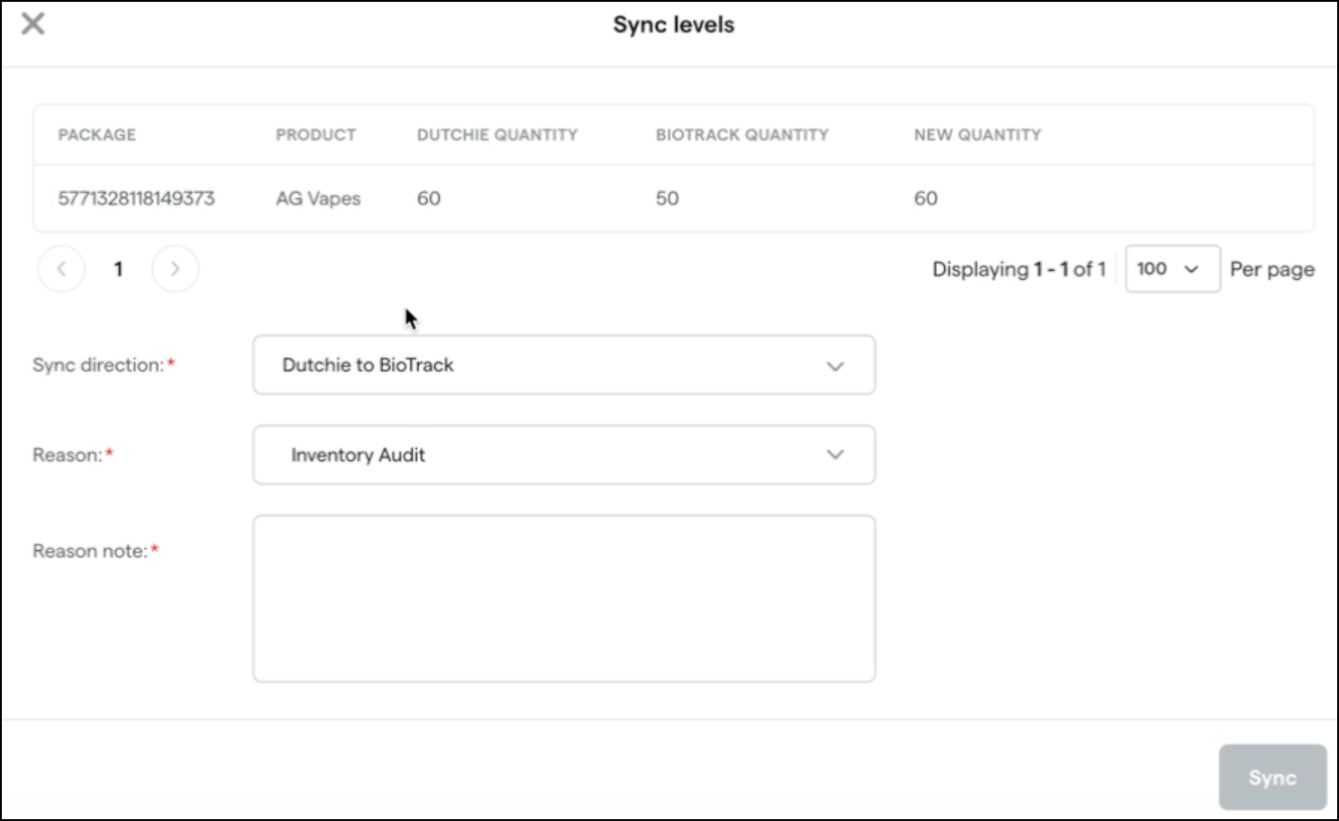 Sync levels interface for inventory management.