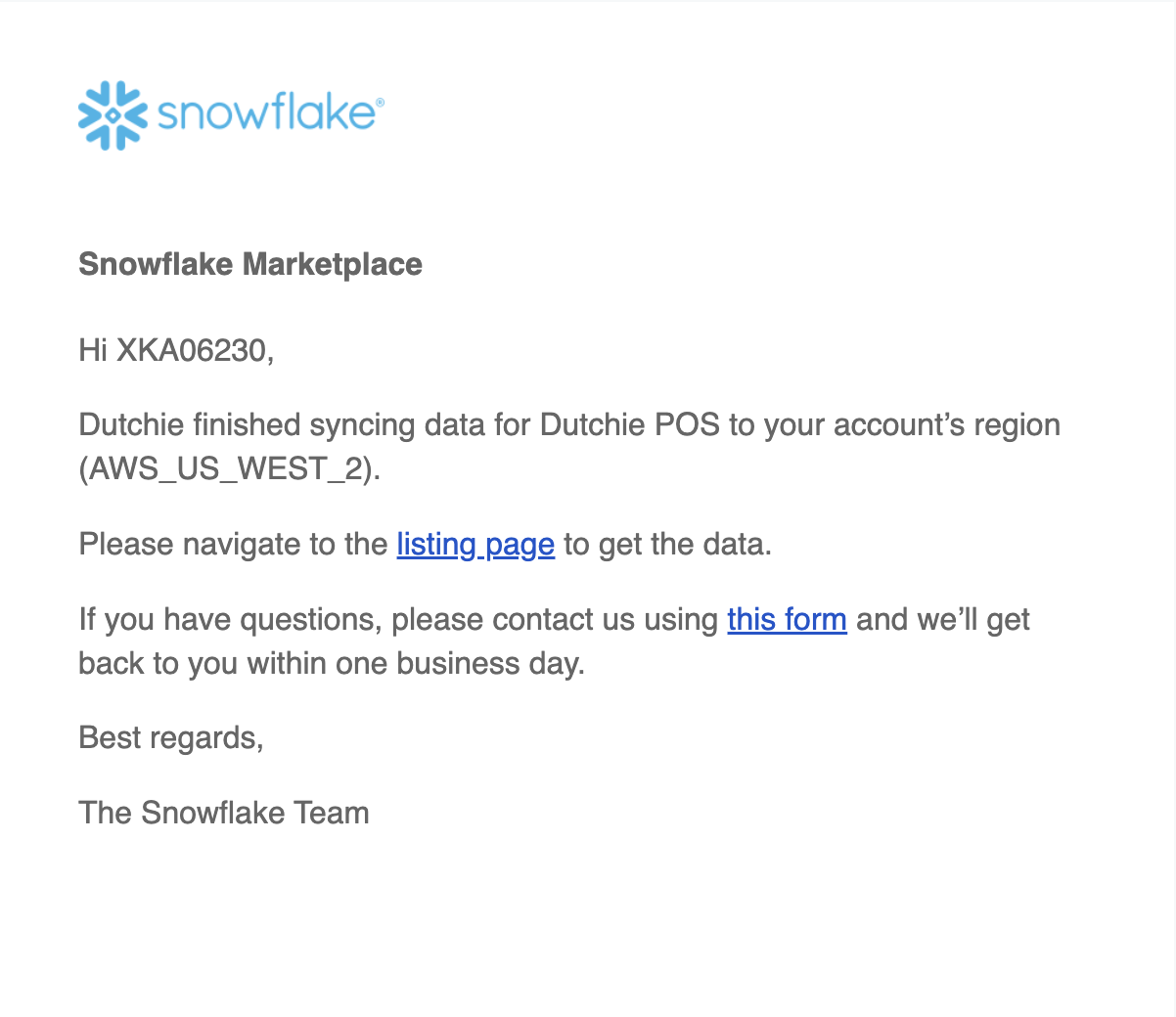 Email from Snowflake about data syncing completion.
