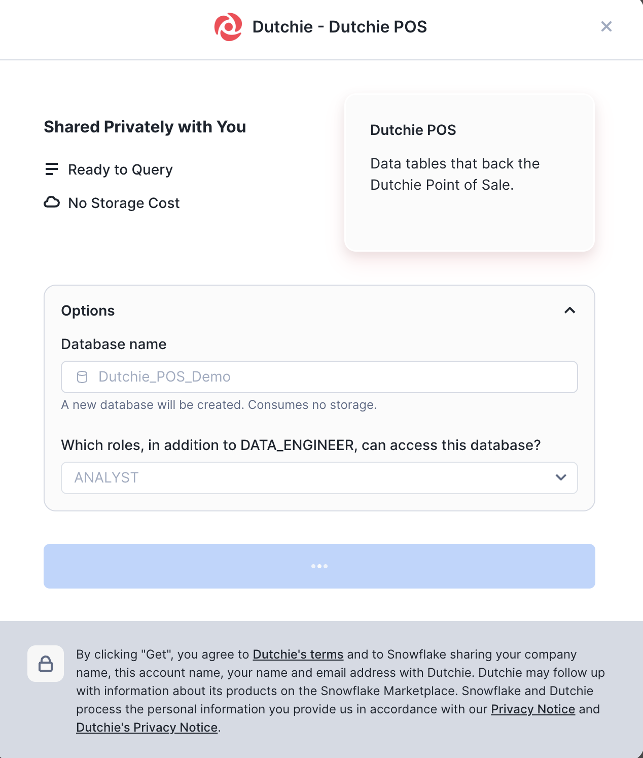 Database setup interface for Dutchie POS.
