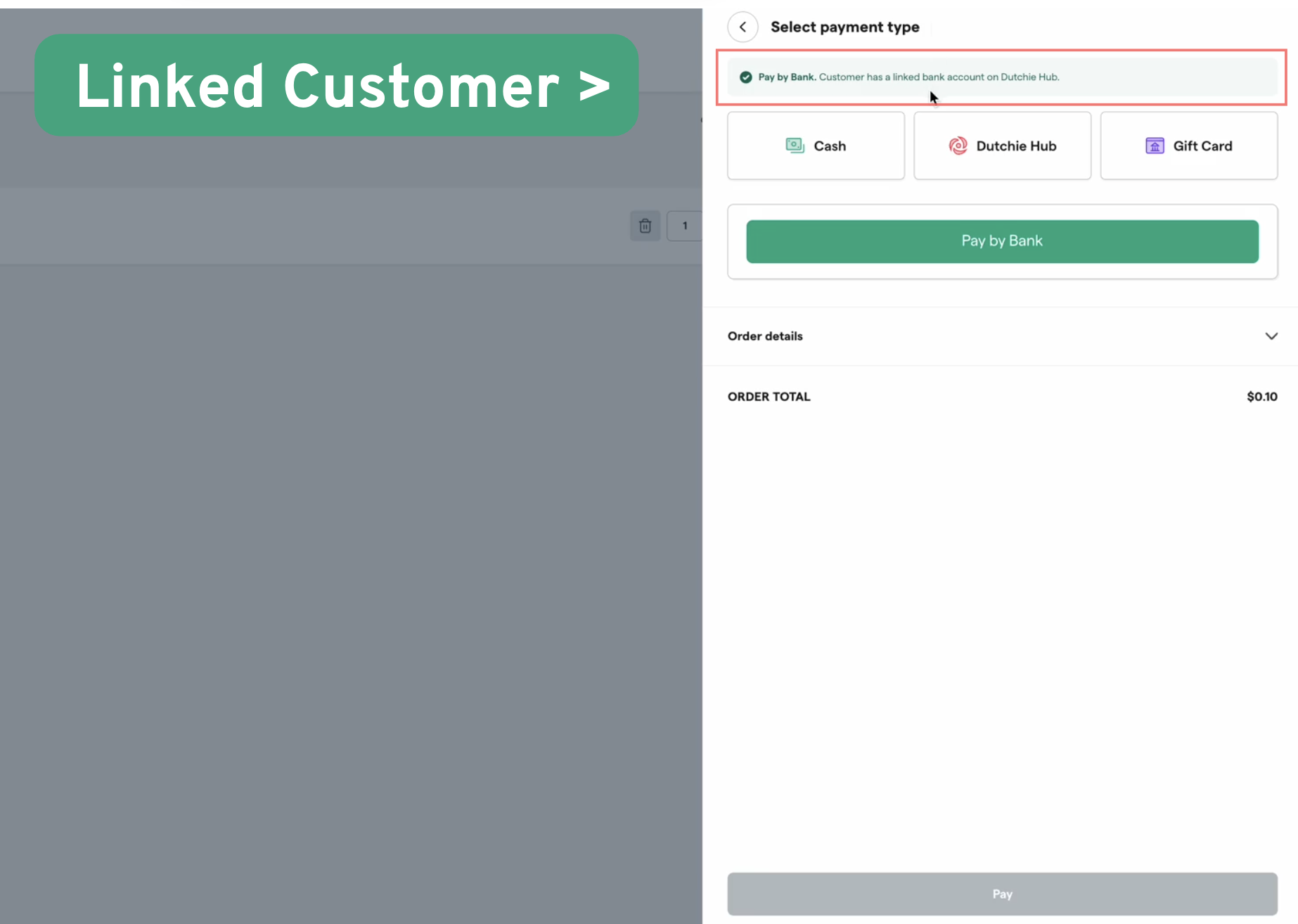 Payment selection screen with order total.