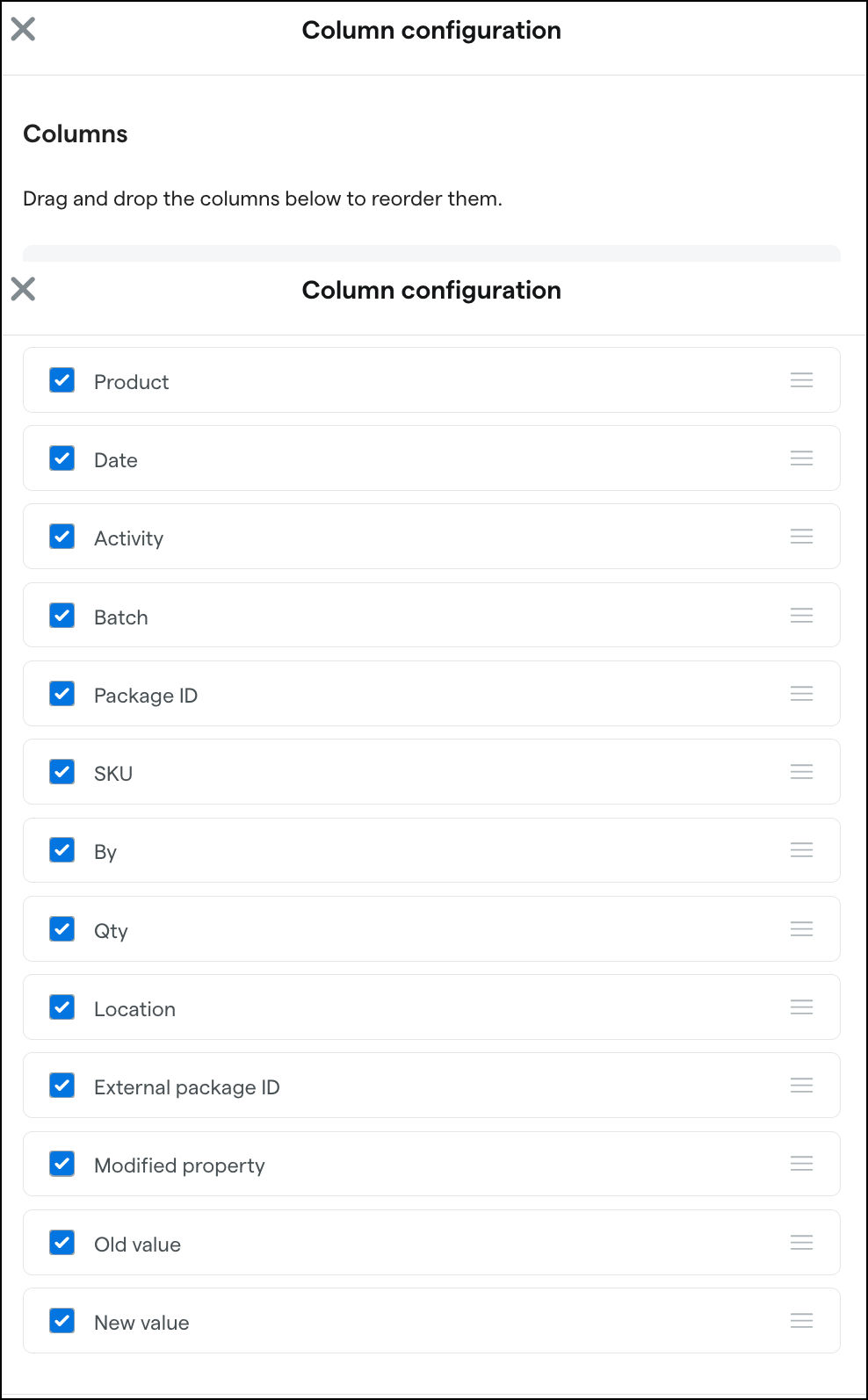 Column configuration options in a table format.