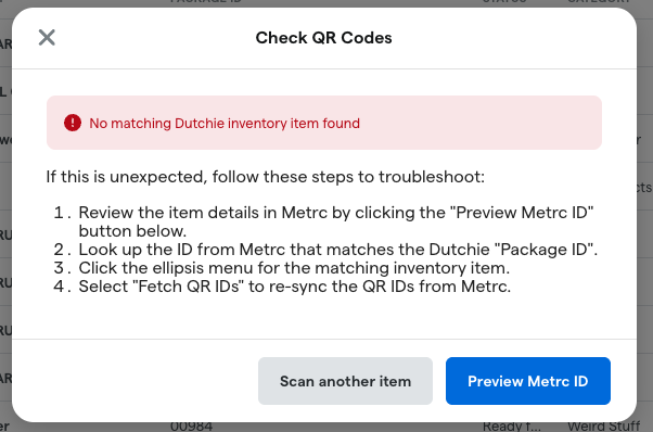 Error message about missing inventory item.