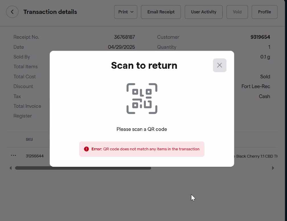 Error message for QR code scan failure.
