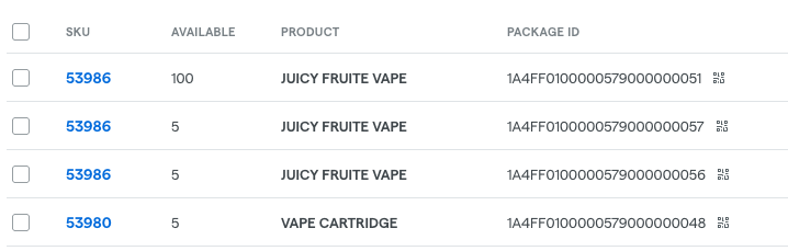 Product inventory list for vape items.