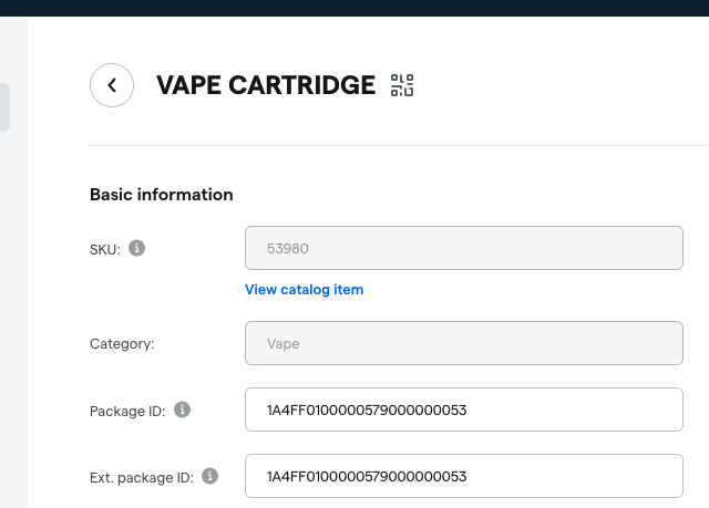 Vape cartridge product information screen.