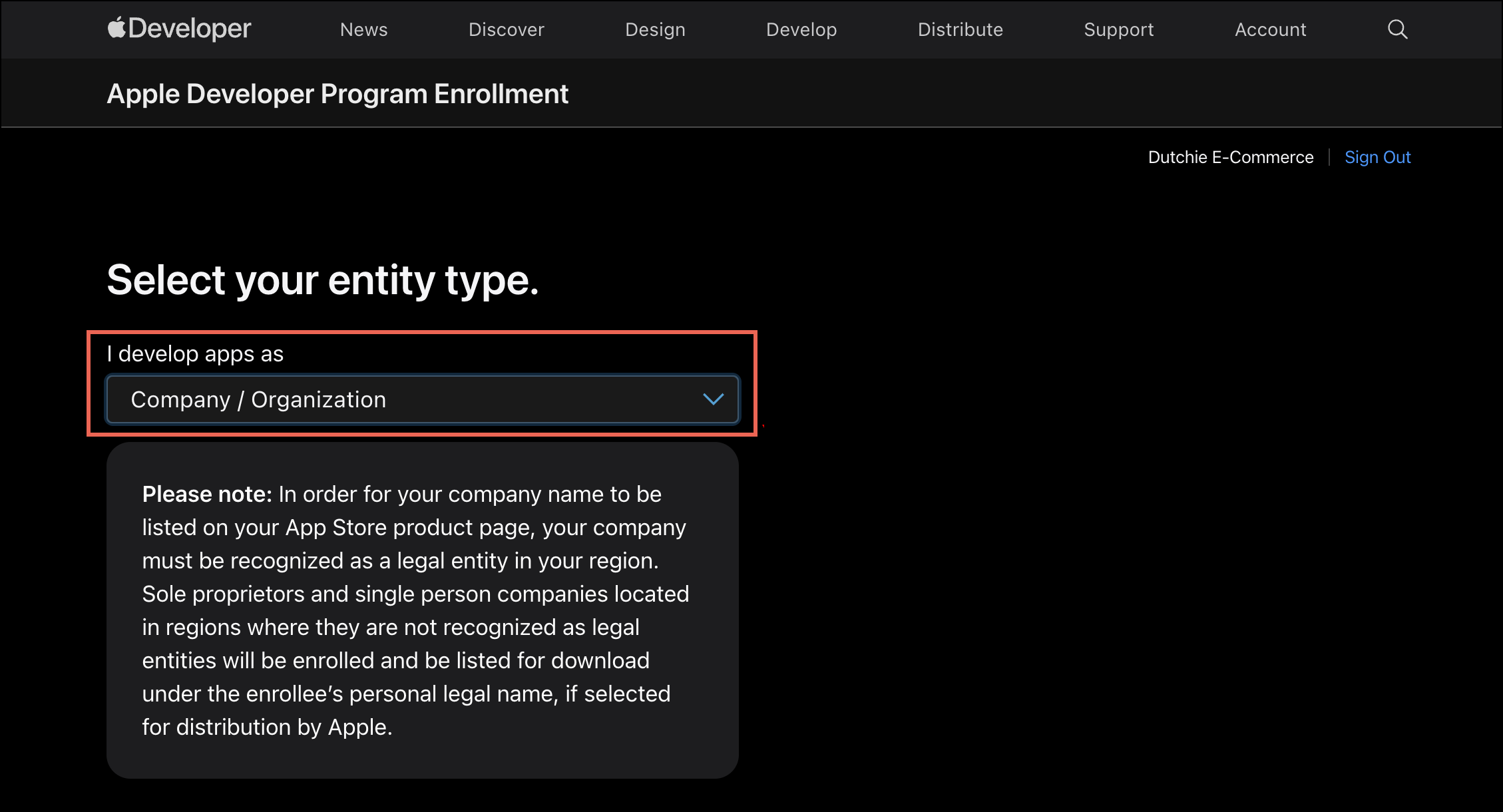 Apple Developer Program enrollment page.