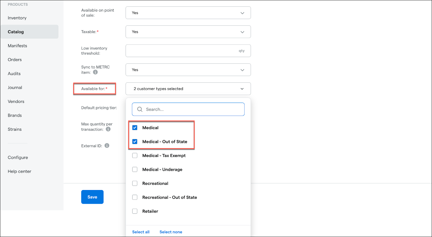 Settings for customer types in a catalog interface.