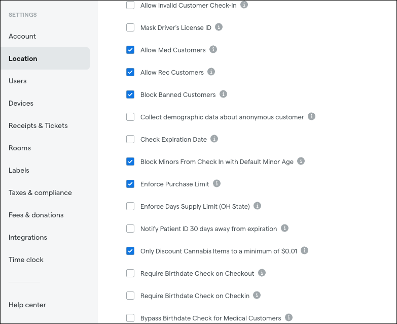 Settings menu with options for customer check-in.