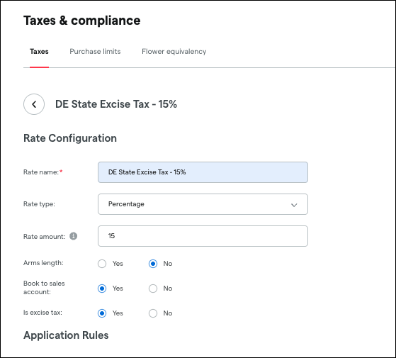 Tax configuration settings for DE State Excise Tax.