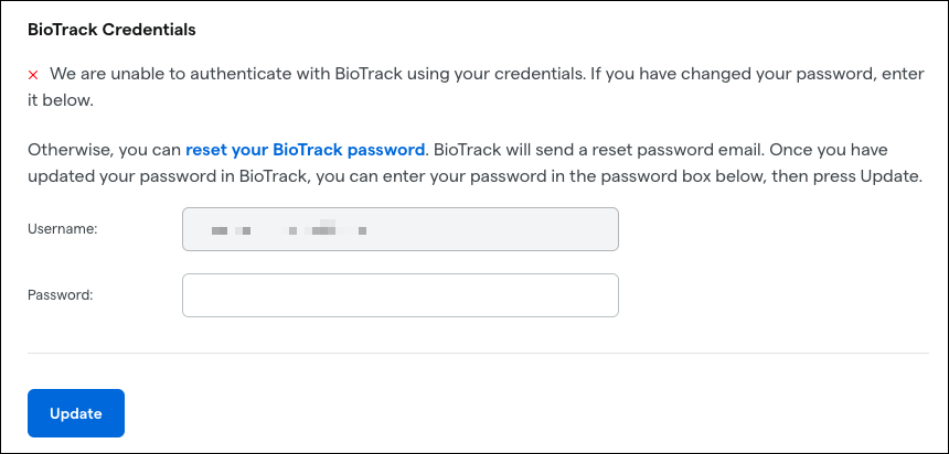 BioTrack password reset interface.