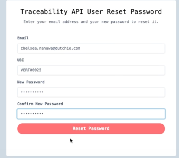 Password reset form with email and password fields.