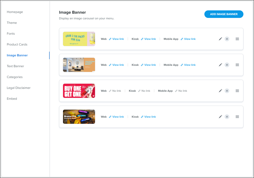 Image banner management interface with multiple ads.