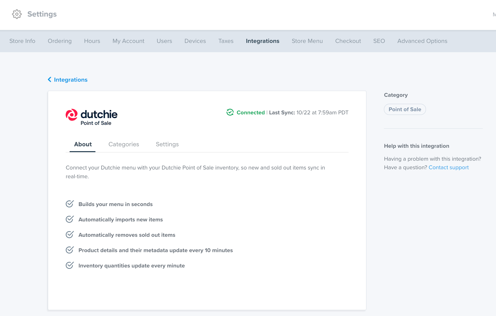 Dutchie Point of Sale integration settings page.