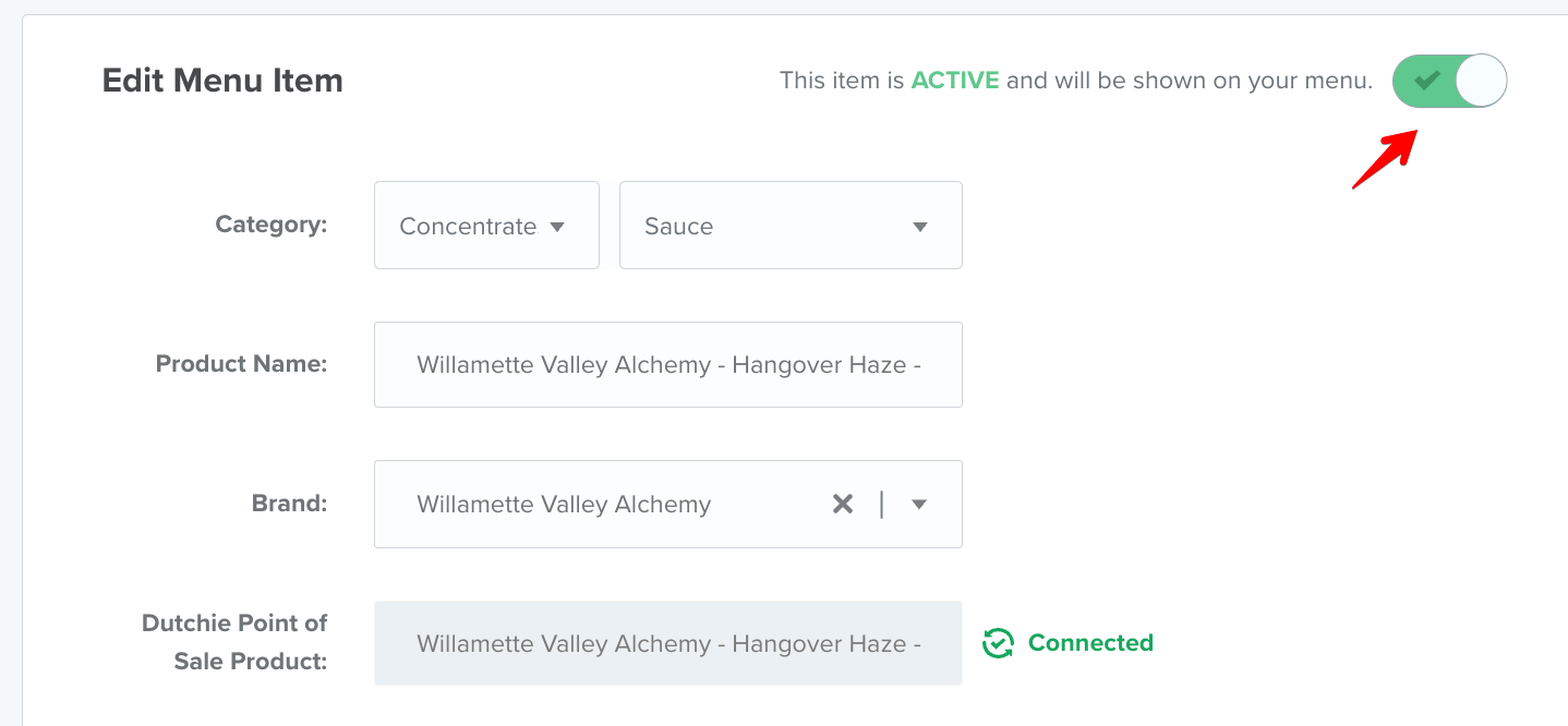 Menu item editing interface for a product.