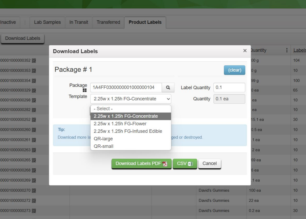 Label download interface with package options.