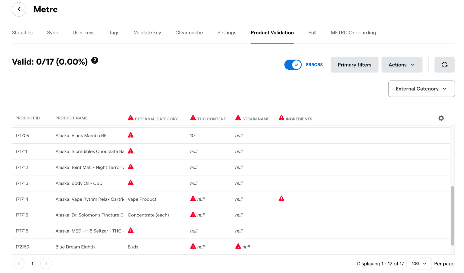 Product validation table with error alerts.