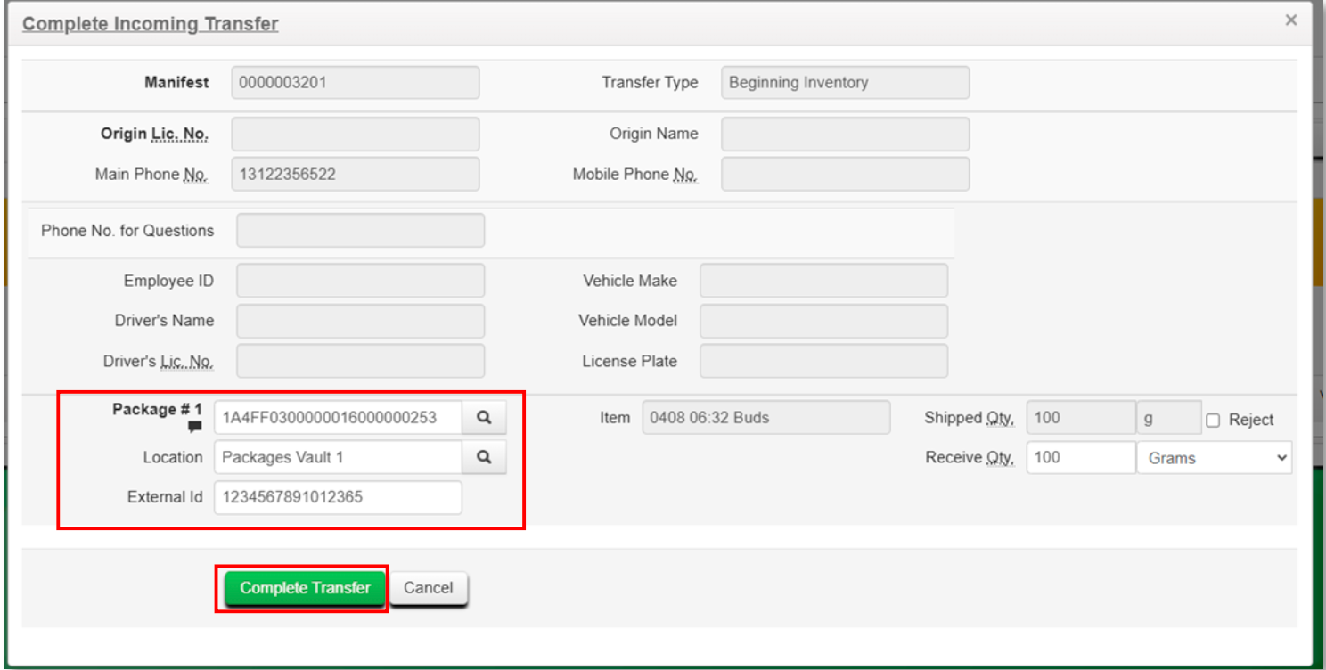 Form for completing an incoming transfer.